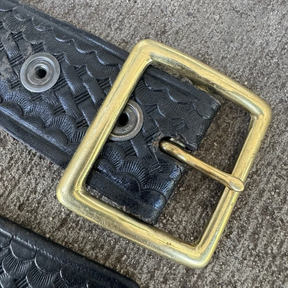 Vintage Black Leather Belt Brass Square Buckle Western Biker Sz 32 50s 60s